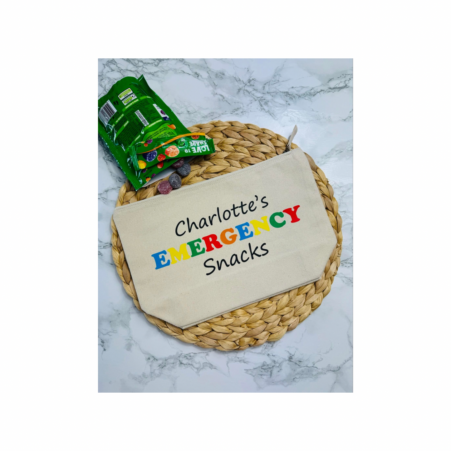 Personalised emergency snacks zipped pouch.