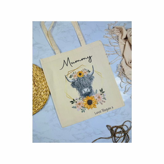 Personalised highland cow floral tote bag.