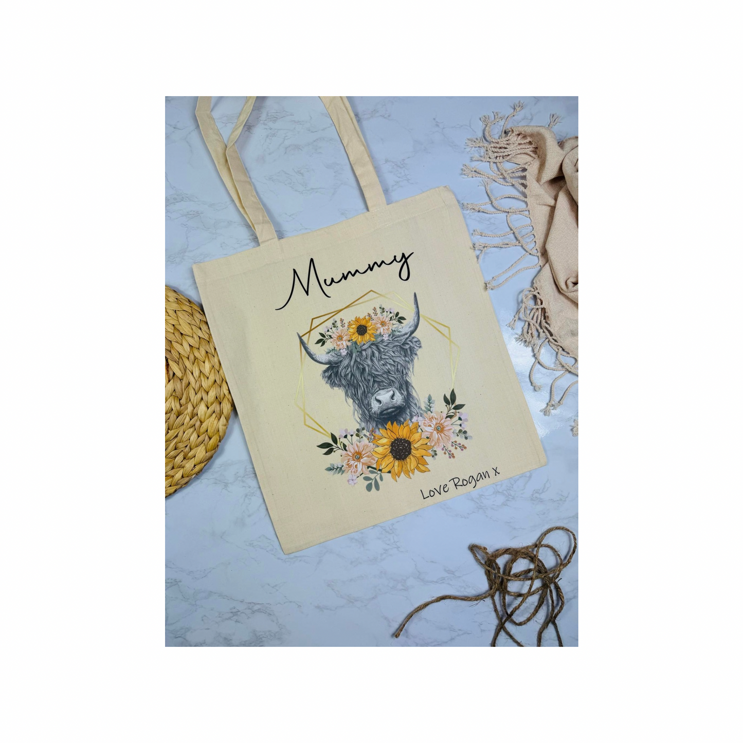 Personalised highland cow floral tote bag.