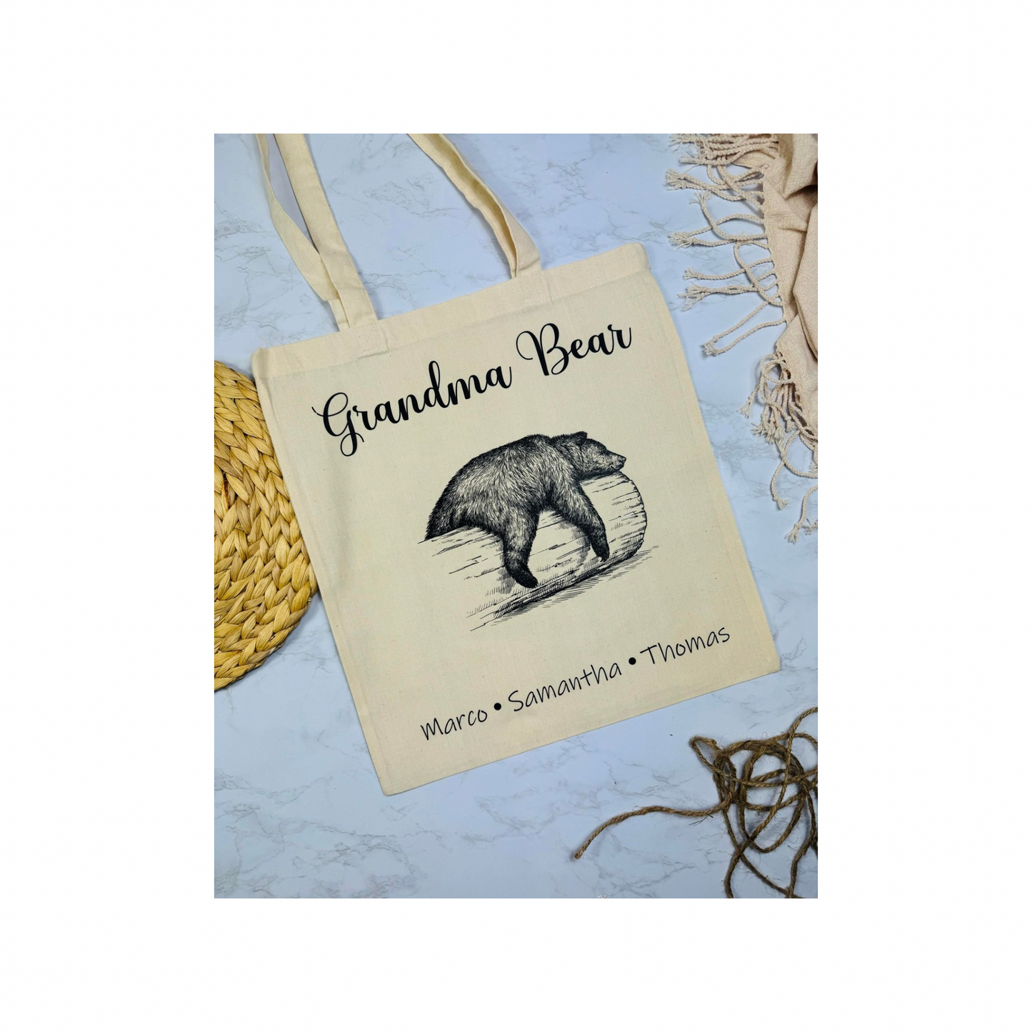 Personalised sleeping bear tote bag.