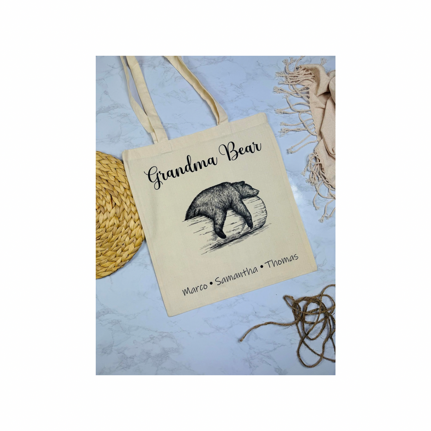 Personalised sleeping bear tote bag.