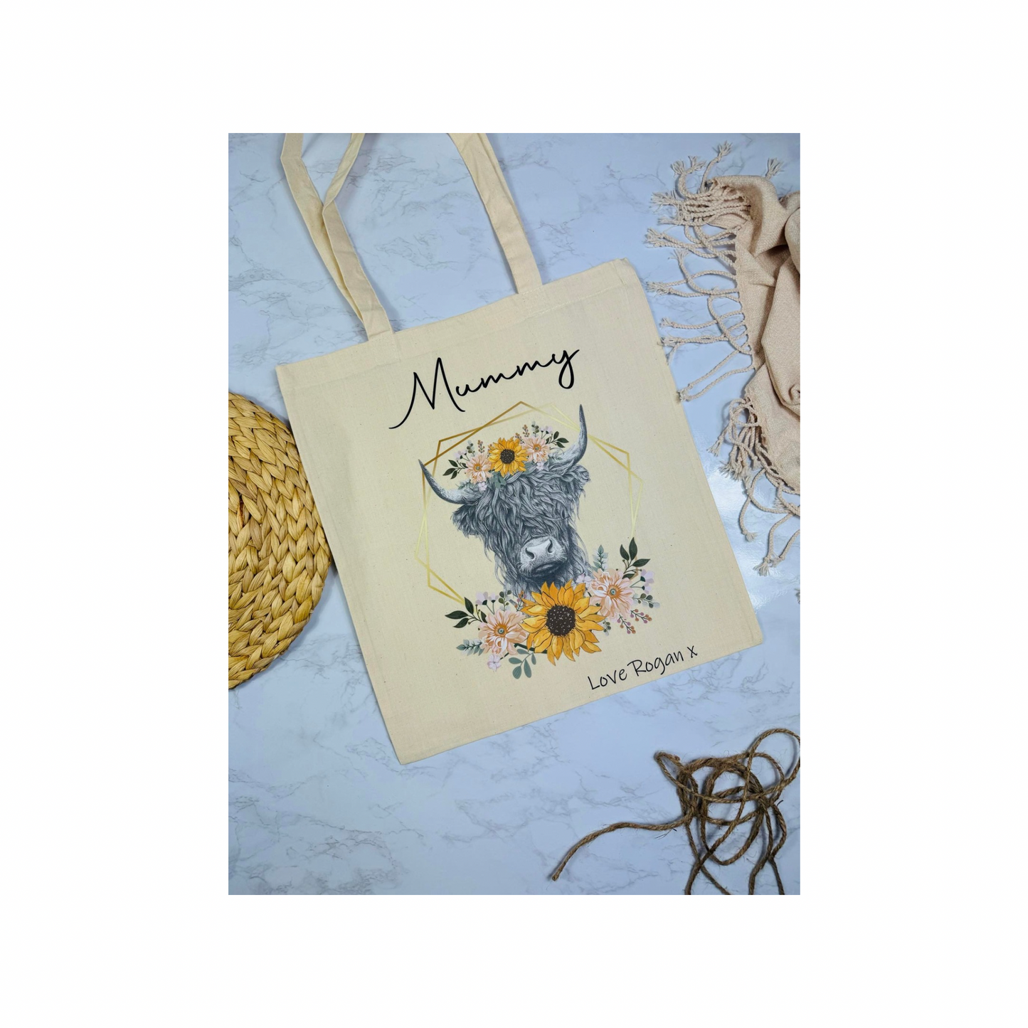 Personalised highland cow floral tote bag.