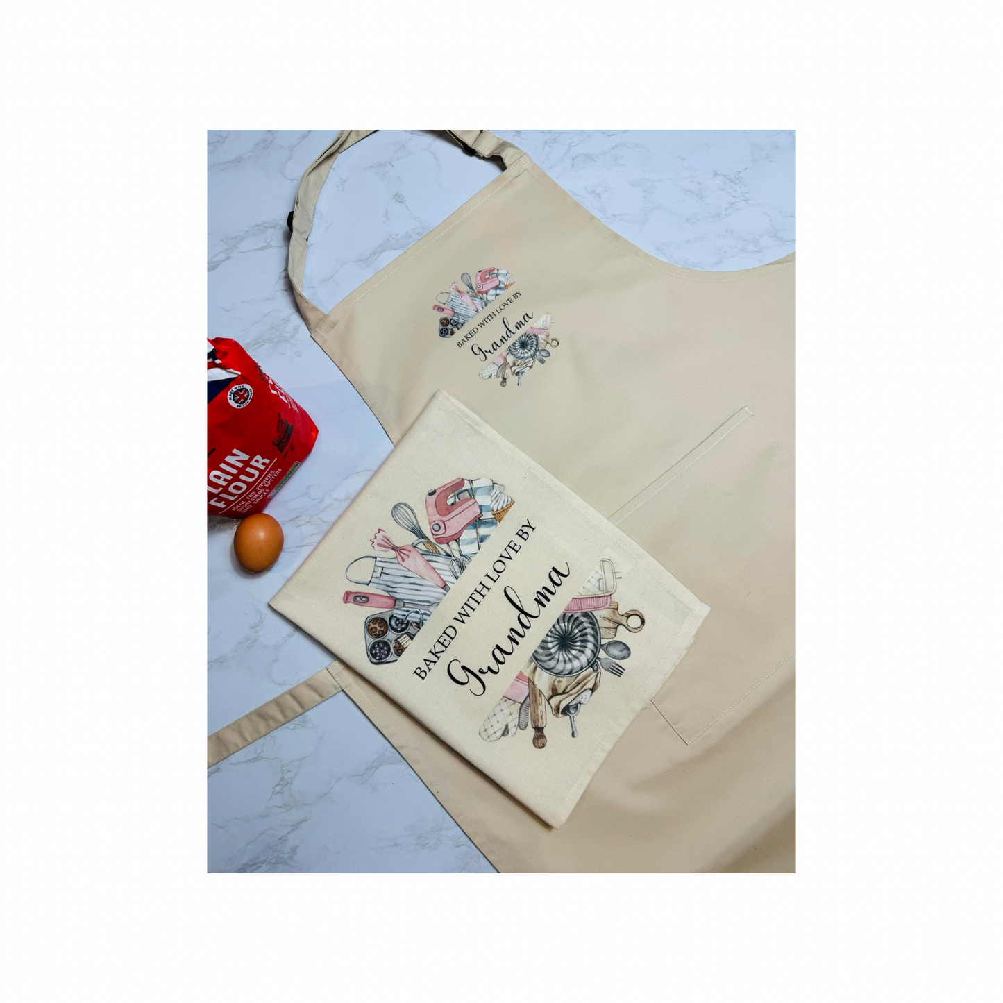 Personalised baking gift set tea towel & apron.