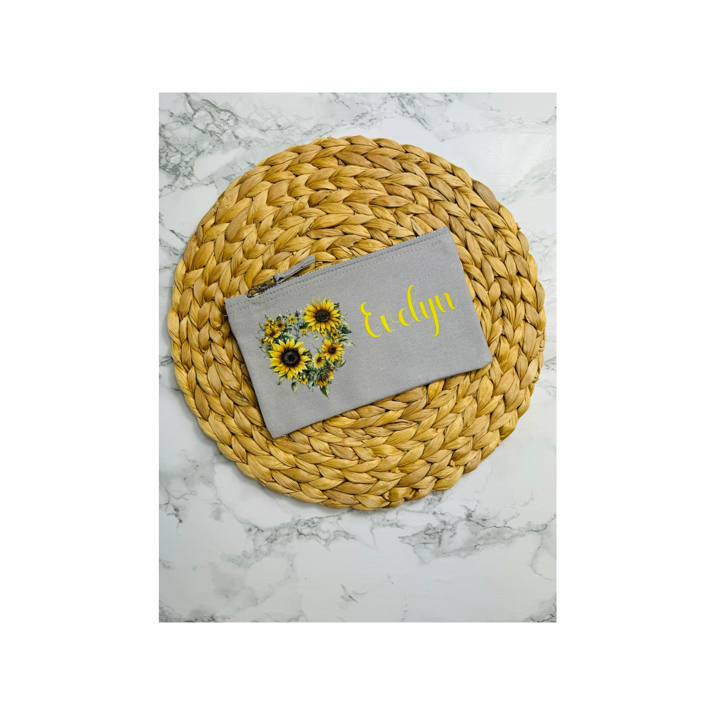 Personalised sunflower accessory pouch.