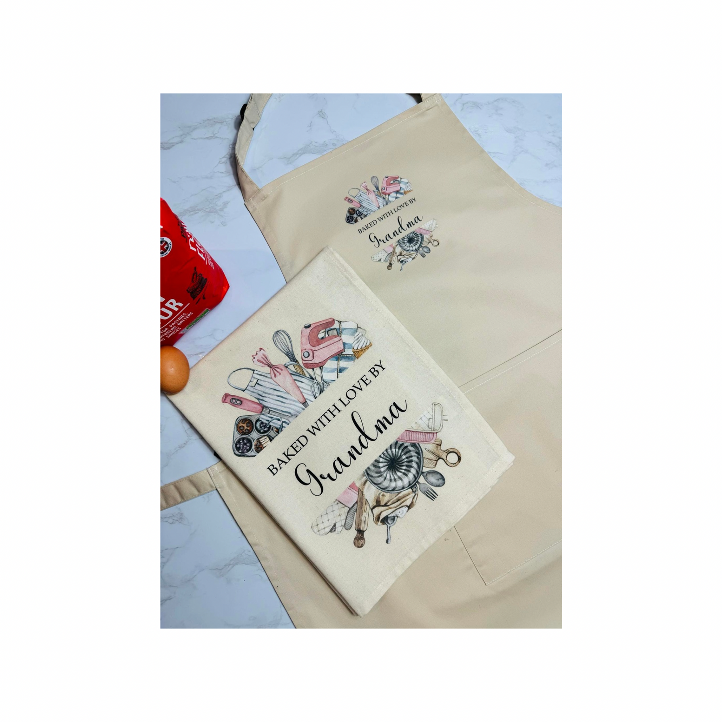 Personalised baking gift set tea towel & apron.