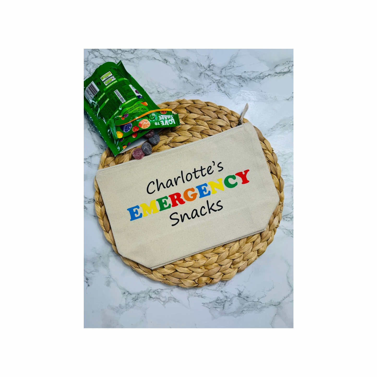 Personalised emergency snacks zipped pouch.