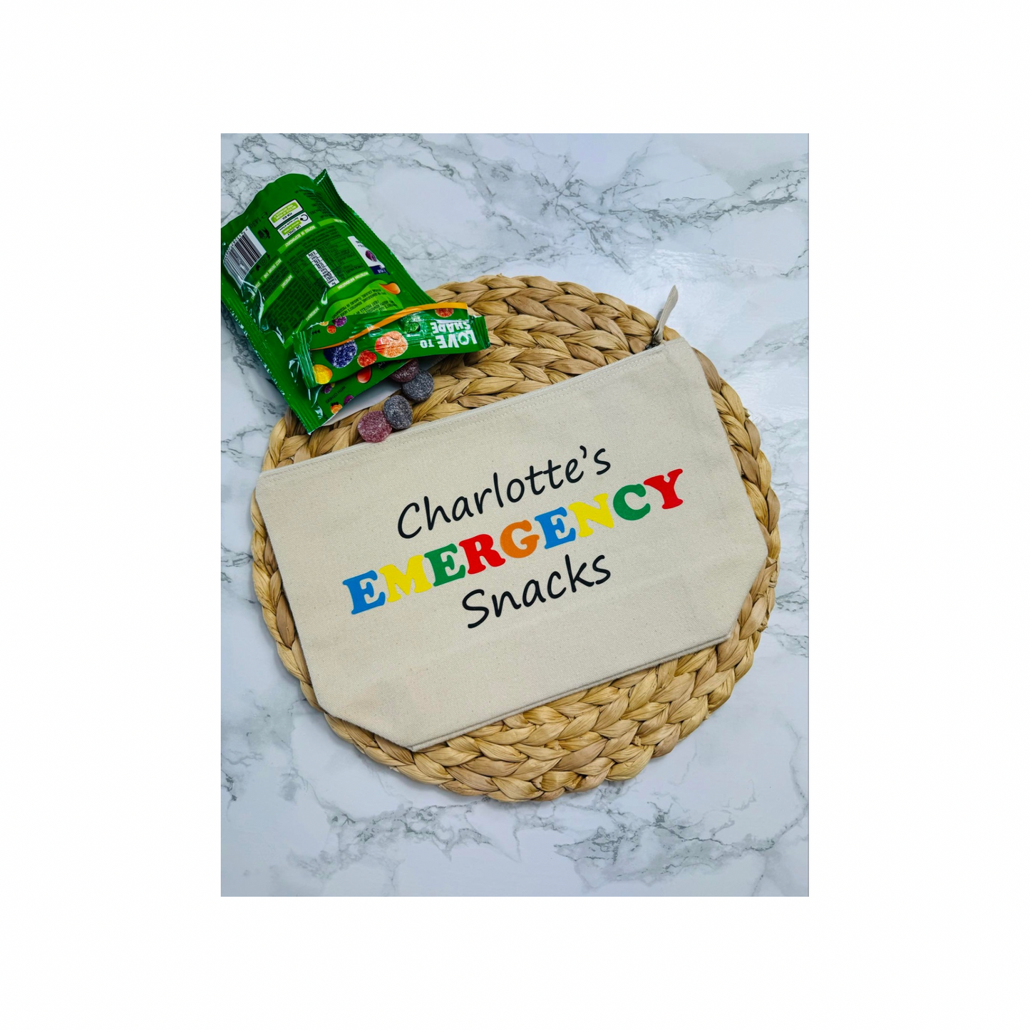 Personalised emergency snacks zipped pouch.