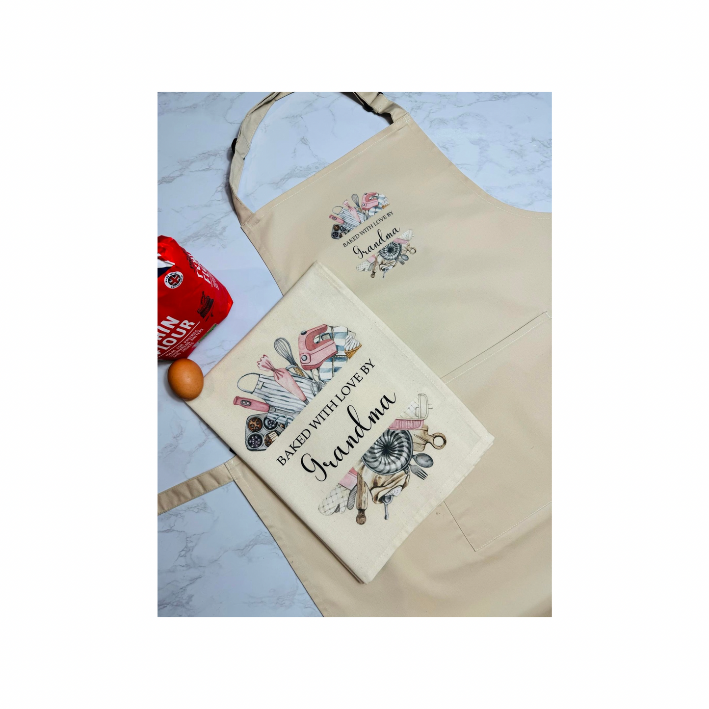 Personalised baking gift set tea towel & apron.