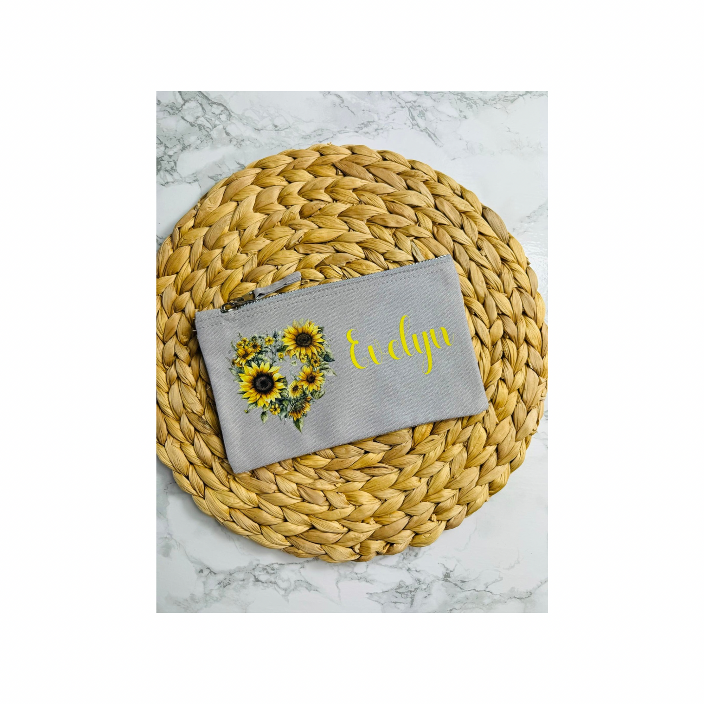 Personalised sunflower accessory pouch.