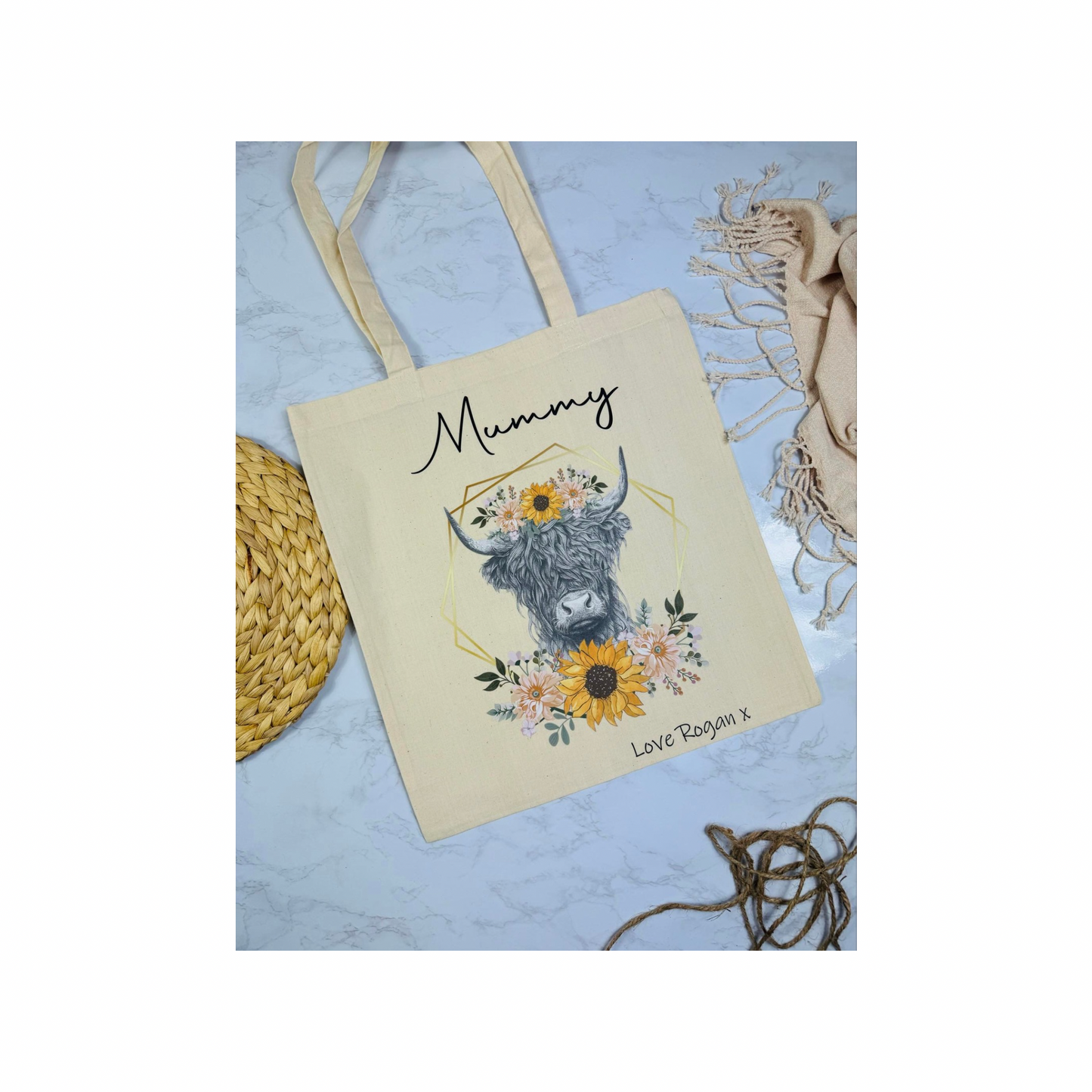 Personalised highland cow floral tote bag.