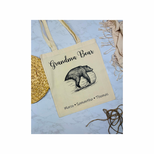 Personalised sleeping bear tote bag.