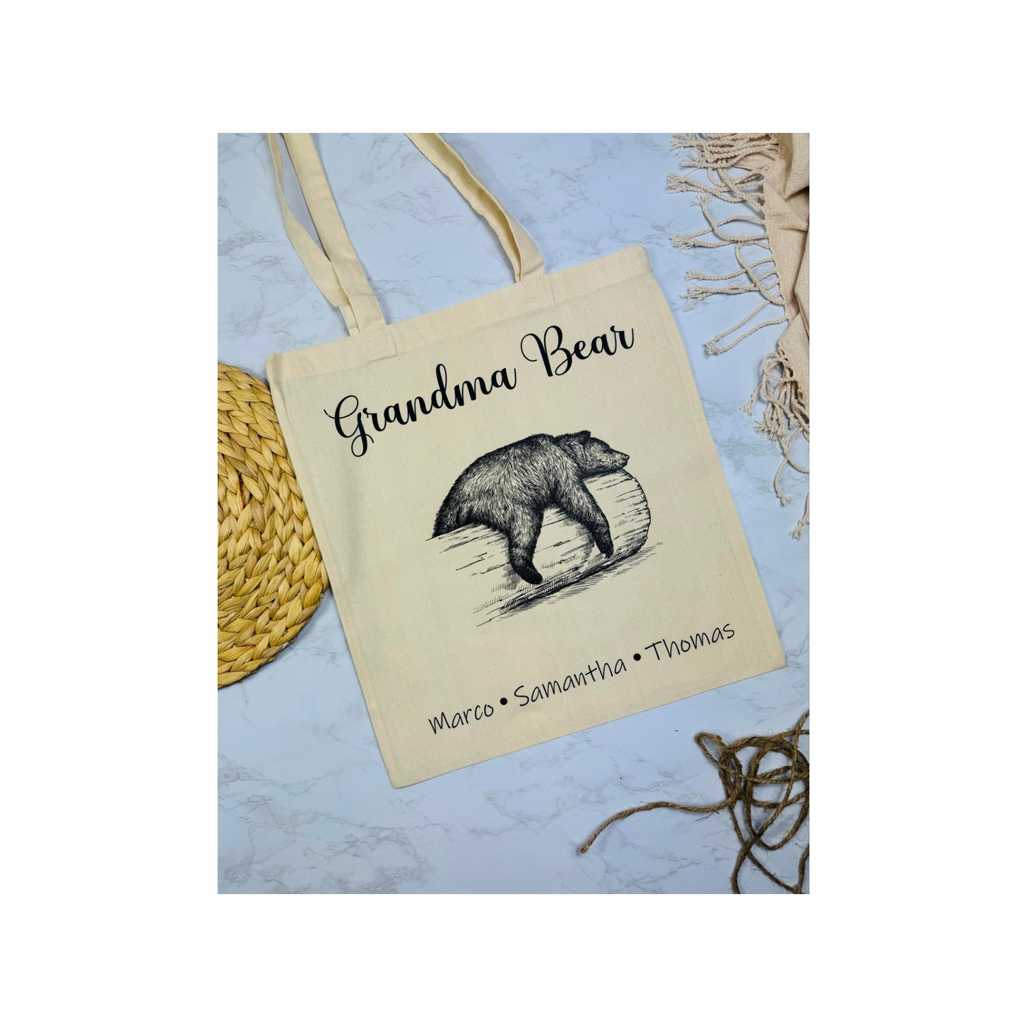 Personalised sleeping bear tote bag.